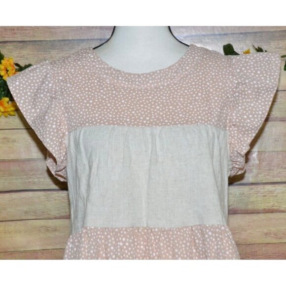 Entro Beige & Pink Cap Sleeve Tiered Blouse Top Size S Striped Polka Dots Cute - Picture 2 of 13